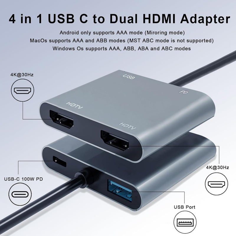 Luonanava محول USB C إلى HDMI مزدوج، موزع HDMI من نوع C لشاشتين مع USB 3.0، شحن PD بقوة 100 واط، موزع HDMI لعرض موسع لجهاز MacBook Air/Pro، Dell XPS، HP، Surface، Chromebook - Image 4